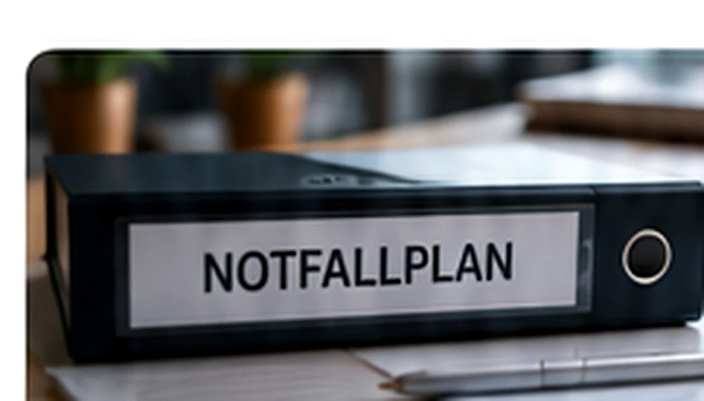 Beschrifteter Notfallplan-Ordner auf einem Schreibtisch